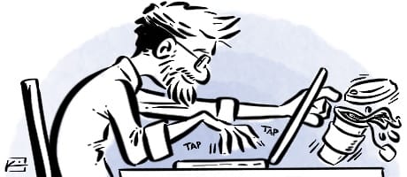 Cartoon illustration self-portrait of Kris Black typing on his laptop while reaching for a cup of tea that he's spilling
