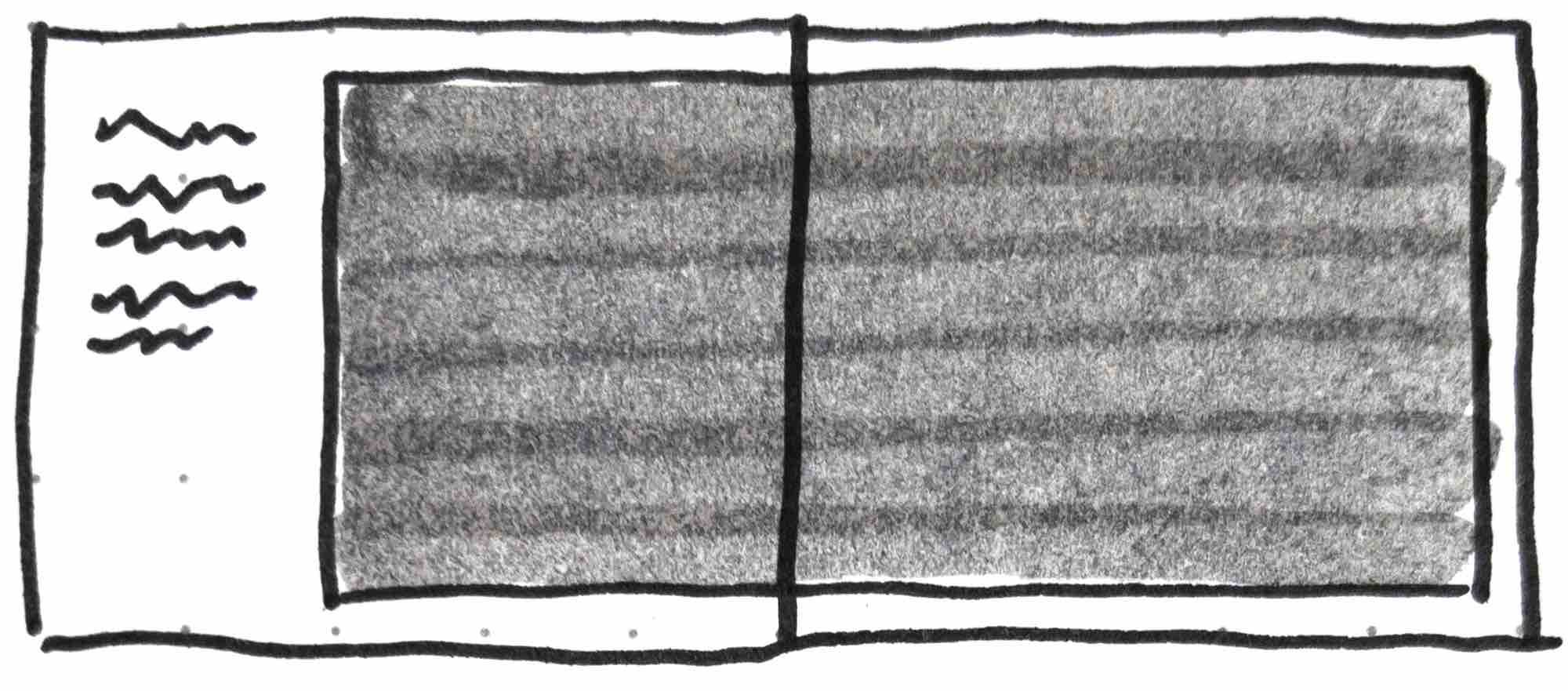 Fig. 5 - Sketch from my notes of a single panel layout with words on the far left in David Wiesner’s children’s book, June 29, 1999.