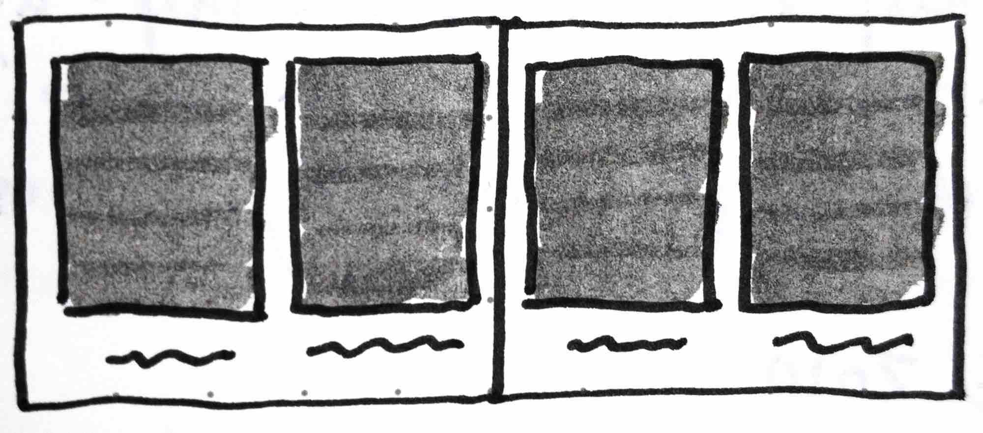 Fig. 6 - Sketch from my notes of a four panel layout with words under each panel in David Wiesner’s children’s book, June 29, 1999.