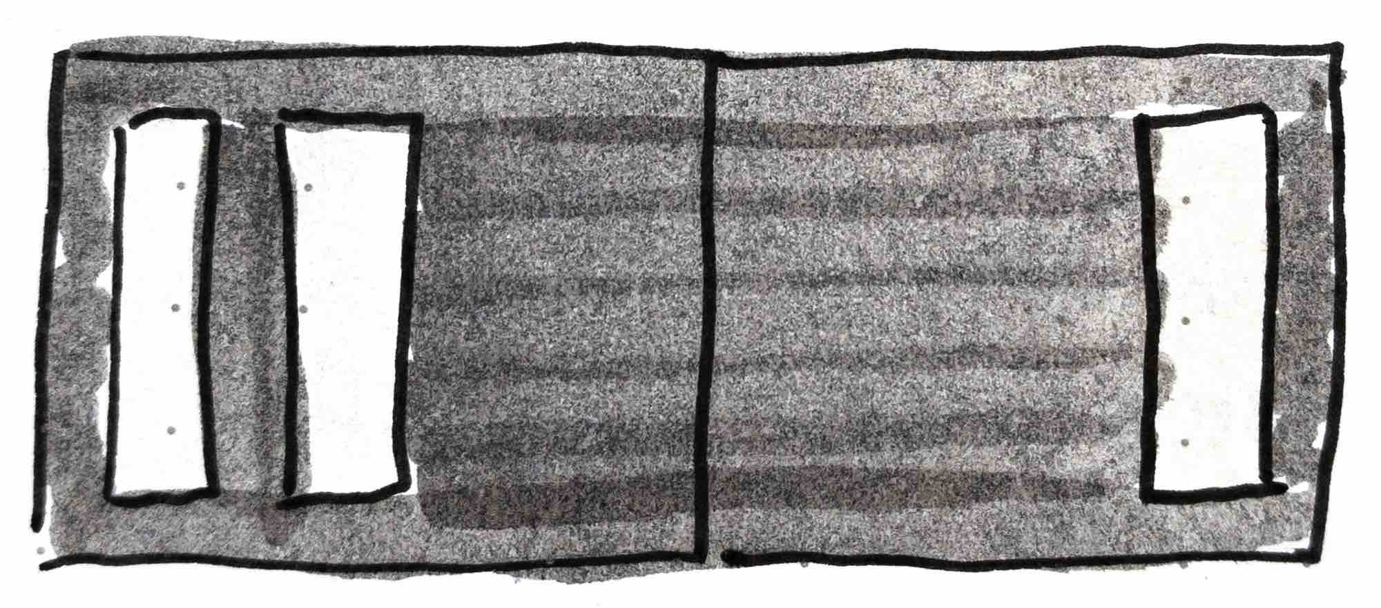 Fig. 3 - Sketch from my notes of a full-bleed layout of artwork with three inset panels in David Wiesner’s children’s book, Tuesday.