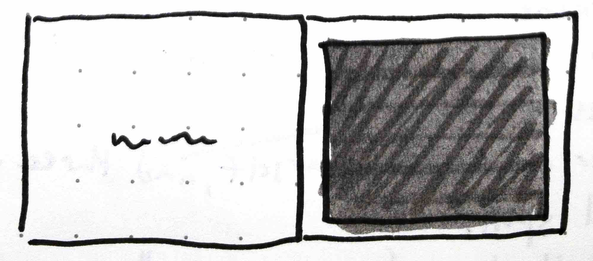 Fig. 4 - Sketch from my notes of a single page panel layout on the right page with words on the left page in David Wiesner’s children’s book, Tuesday.