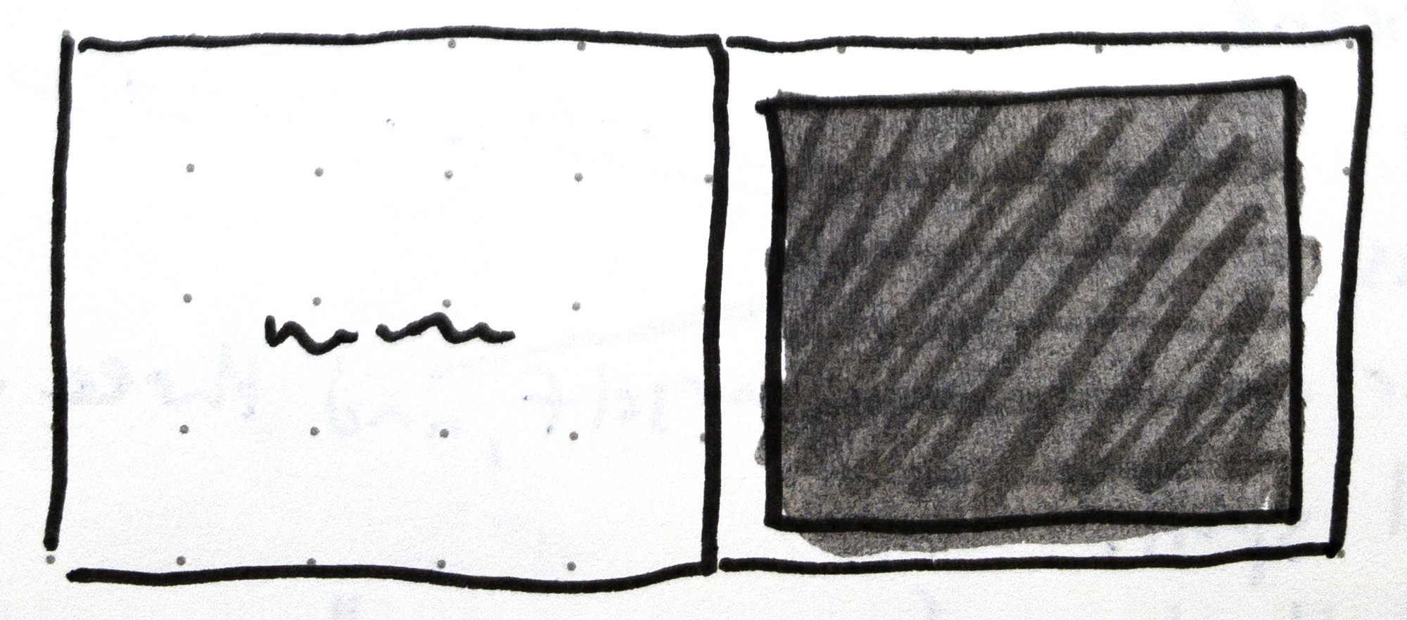   Fig. 4  - Sketch from my notes of a single page panel layout on the right page with words on the left page in David Wiesner’s children’s book, Tuesday. 