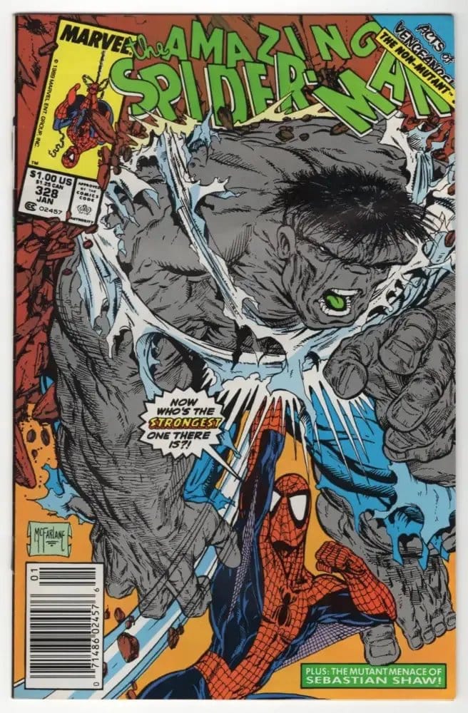 The comic book The Amazing Spider-Man #328 with cover art by Todd McFarlane showing Spider-Man punch Gray Hulk up into the masthead.