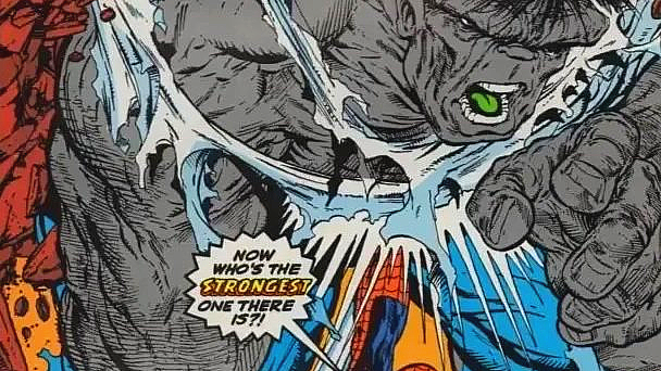 A comic book illustration by Todd McFarlane of Spider-man punching Hulk. Spider-man is saying, "Now who's the strongest one there is?"