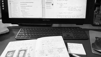 Photo of Kris Black's desk showing his sketch journal, keyboard, and monitor.