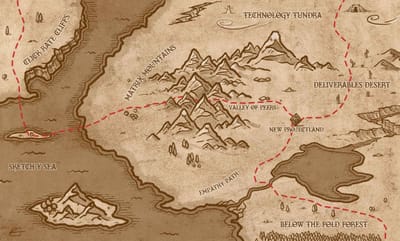 A fantasy map by cartoonist Kris Black showing three paths someone can take on a journey to becoming a UX designer.