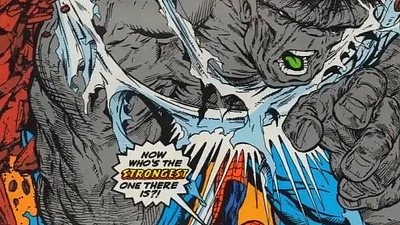 A comic book illustration by Todd McFarlane of Spider-man punching Hulk. Spider-man is saying, "Now who's the strongest one there is?"